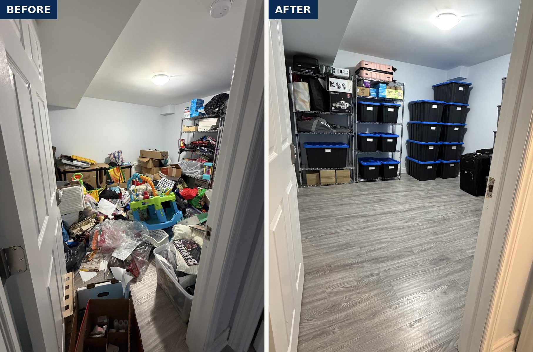 A basement storage room before and after: piled with boxes, bags and toys, then sorted into labeled bins on shelves with the floor clear