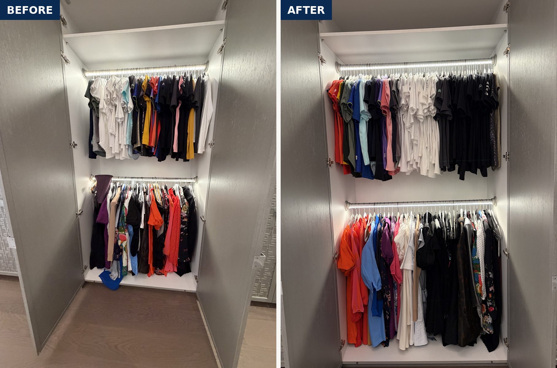 A second wardrobe before and after: mixed tops, then T-shirts and blouses sorted by colour